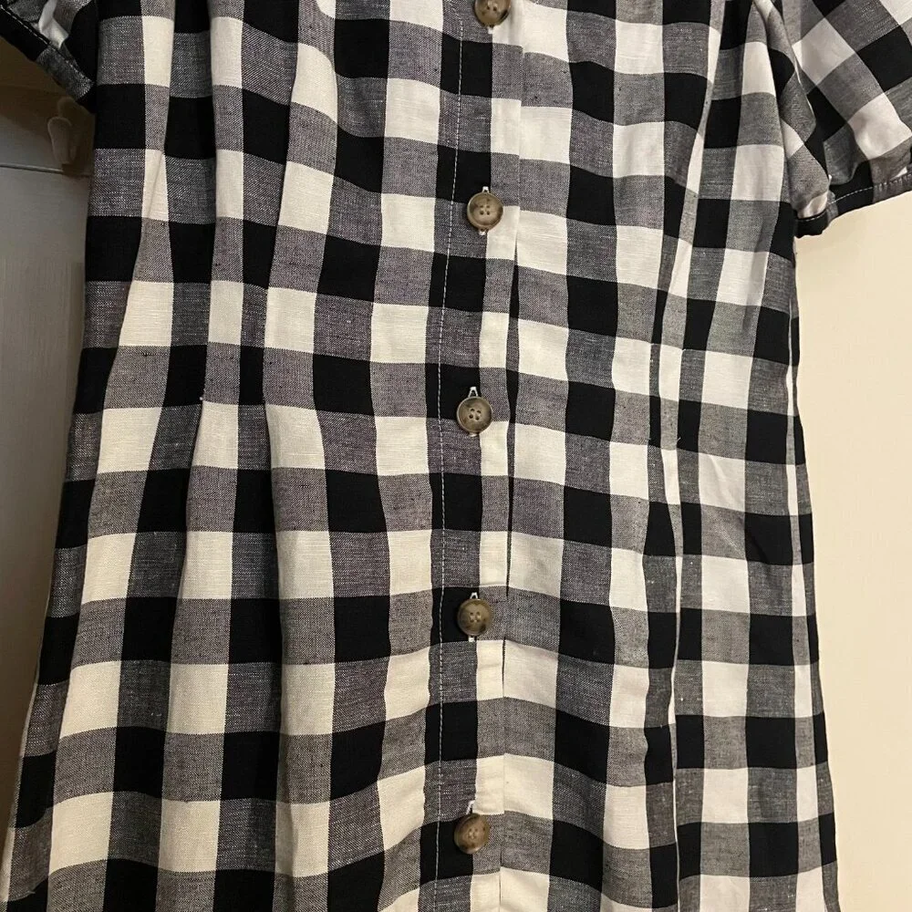 NWT LOFT Gingham Button V-Neck Dress Puff Short Sleeve Black White Size 2 Petite - Picture 7 of 8